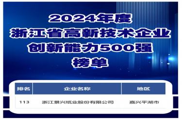 喜报！澳门大阳城纸业入选浙江省高新手艺企业立异能力500强榜单